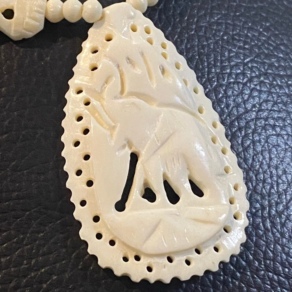 Vintage Carved Bone Pendant Off White Beaded Necklace Elephant Design Good Luck